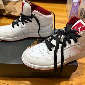 Jordan Kids' High-Top Sneakers in White & Red with Black Laces